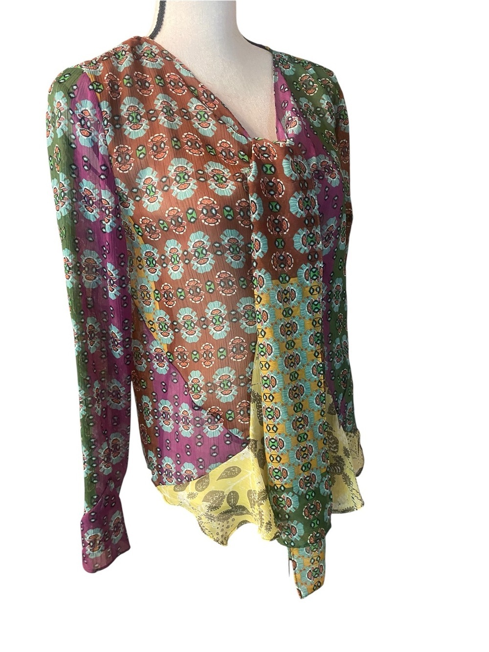 Zara Women’s Boho Print Sheer Multi Color Tie-Neck Women’s Blouse Dangle size M